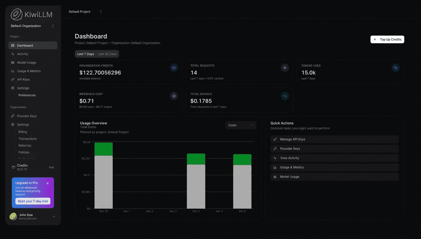 KiwiLLM dashboard showing analytics and API usage